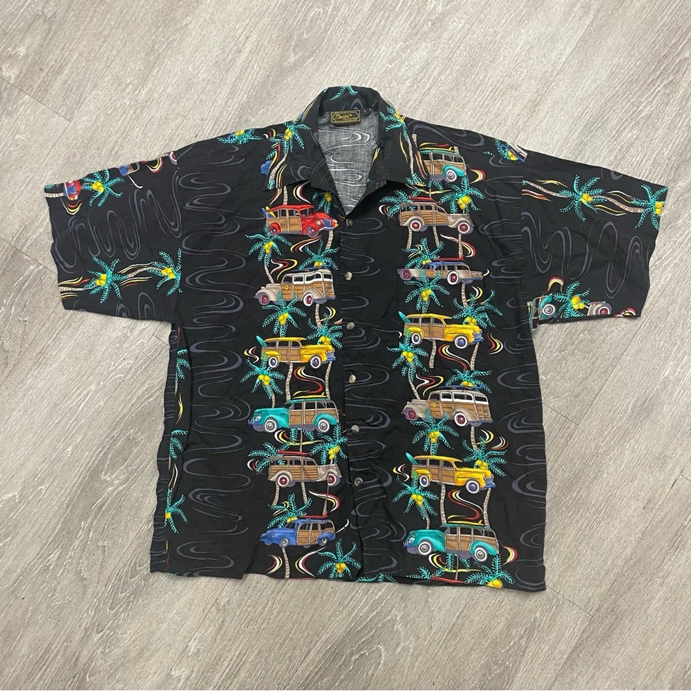 Monzini Vintage Hawaiian Shirt classic woodie cars palm trees black men’s Large